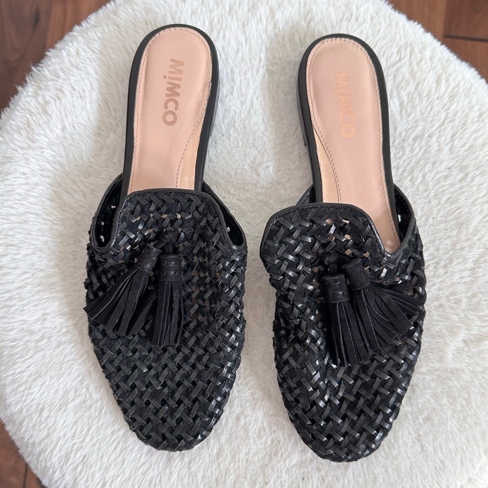 Mimco Black Woven Leather Tassel Mule Slides sz: 9